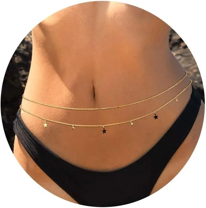 FIBO STEEL 18K Gold Plated Waist Chains Body Chains for Women Stainless Steel Bikini Belly Chains Layered Summer Beach Body Jewelry Adjustable