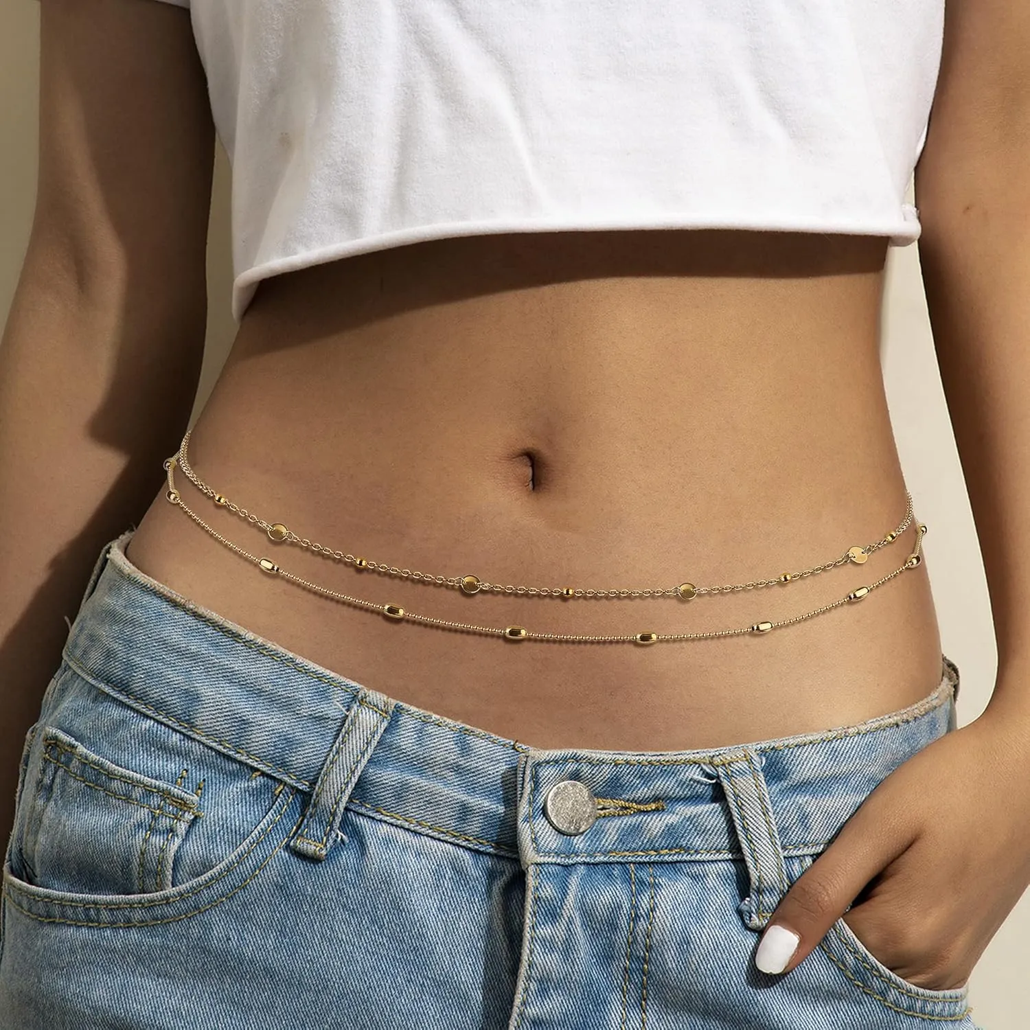 FIBO STEEL 18K Gold Plated Waist Chains Body Chains for Women Stainless Steel Bikini Belly Chains Layered Summer Beach Body Jewelry Adjustable