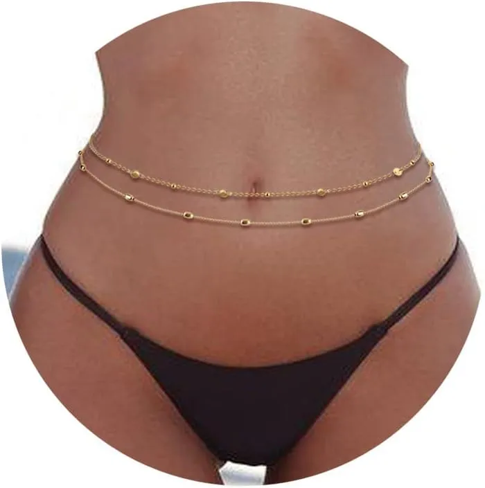 FIBO STEEL 18K Gold Plated Waist Chains Body Chains for Women Stainless Steel Bikini Belly Chains Layered Summer Beach Body Jewelry Adjustable