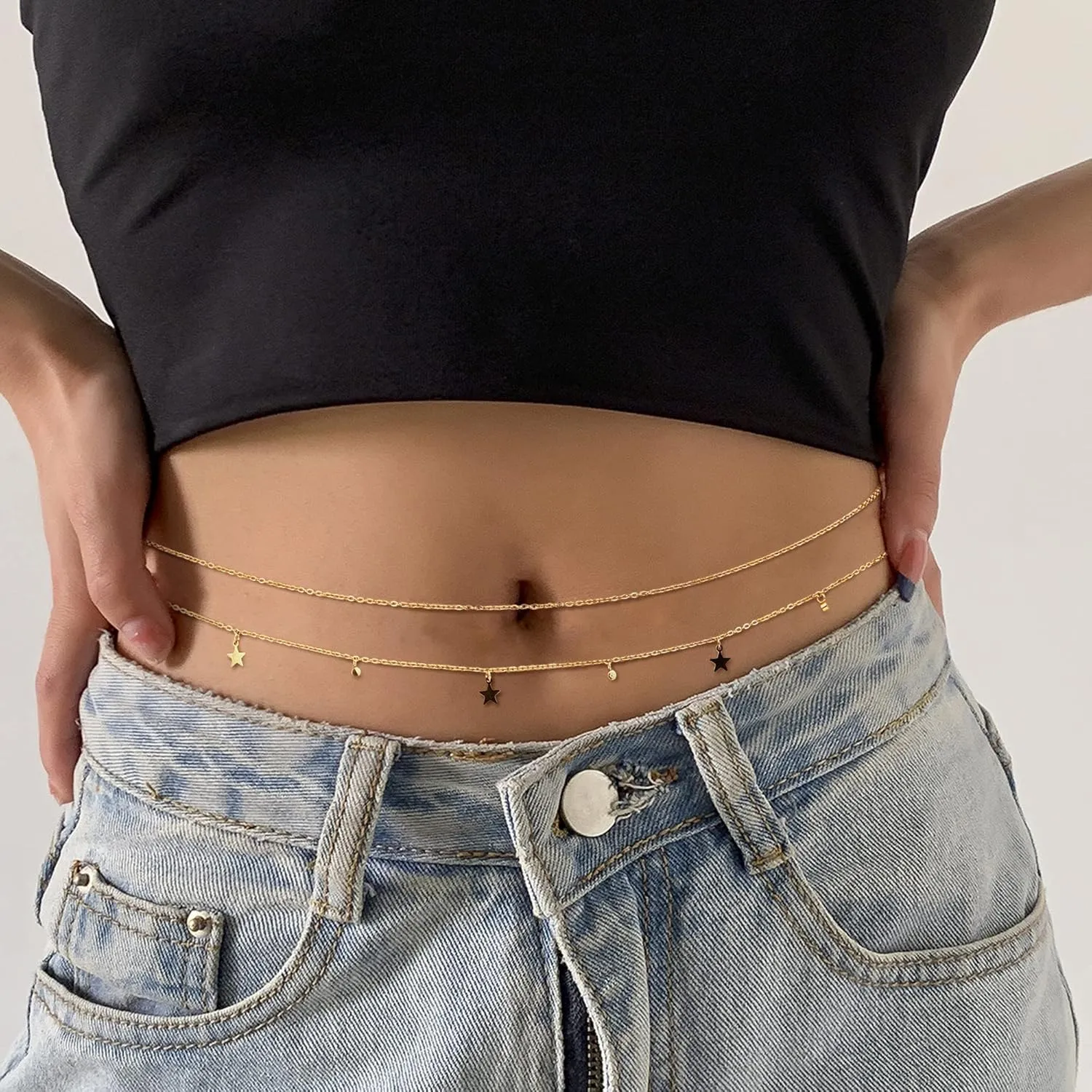 FIBO STEEL 18K Gold Plated Waist Chains Body Chains for Women Stainless Steel Bikini Belly Chains Layered Summer Beach Body Jewelry Adjustable