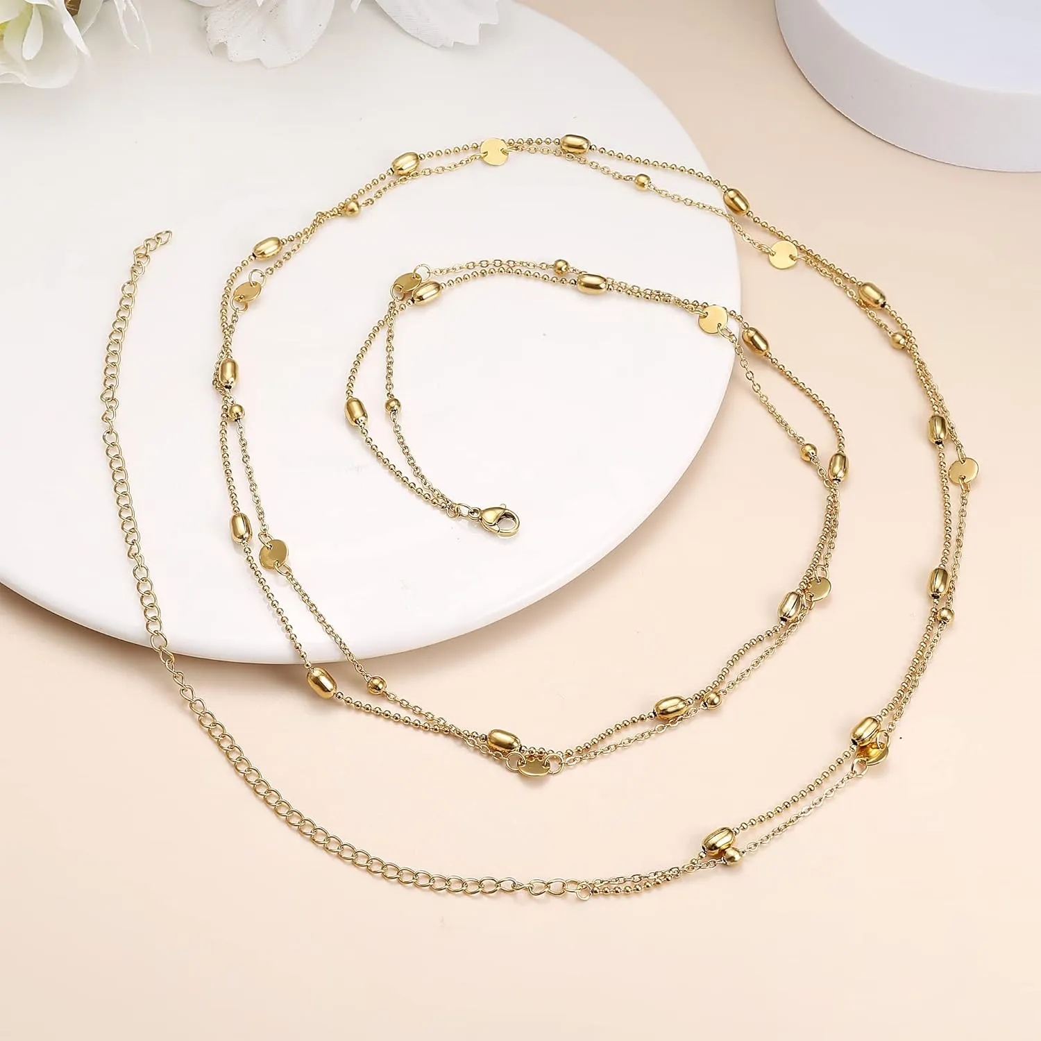 FIBO STEEL 18K Gold Plated Waist Chains Body Chains for Women Stainless Steel Bikini Belly Chains Layered Summer Beach Body Jewelry Adjustable