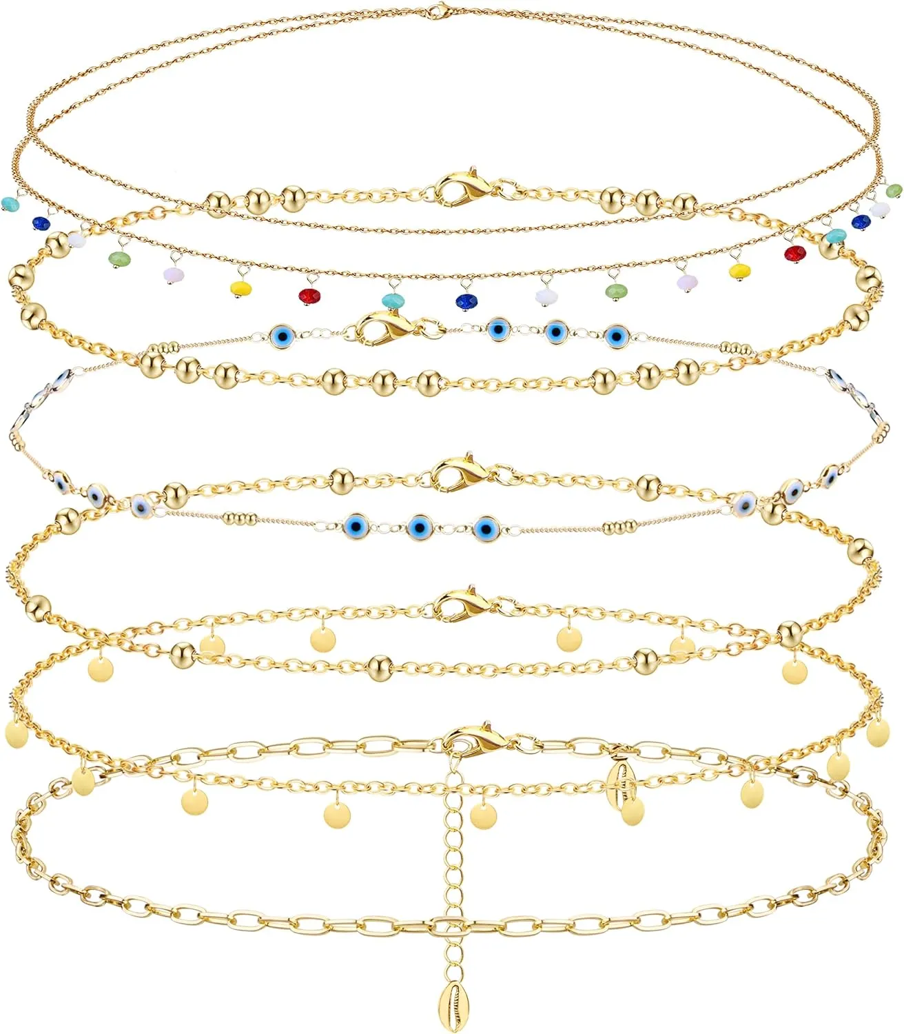 FIBO STEEL 6PCS 18K Gold Plated Waist Chains Bikini Belly Chain for Women Classic Bikini Body Chain Jewelry for Summer Beach Adjustable