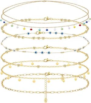 FIBO STEEL 6PCS 18K Gold Plated Waist Chains Bikini Belly Chain for Women Classic Bikini Body Chain Jewelry for Summer Beach Adjustable