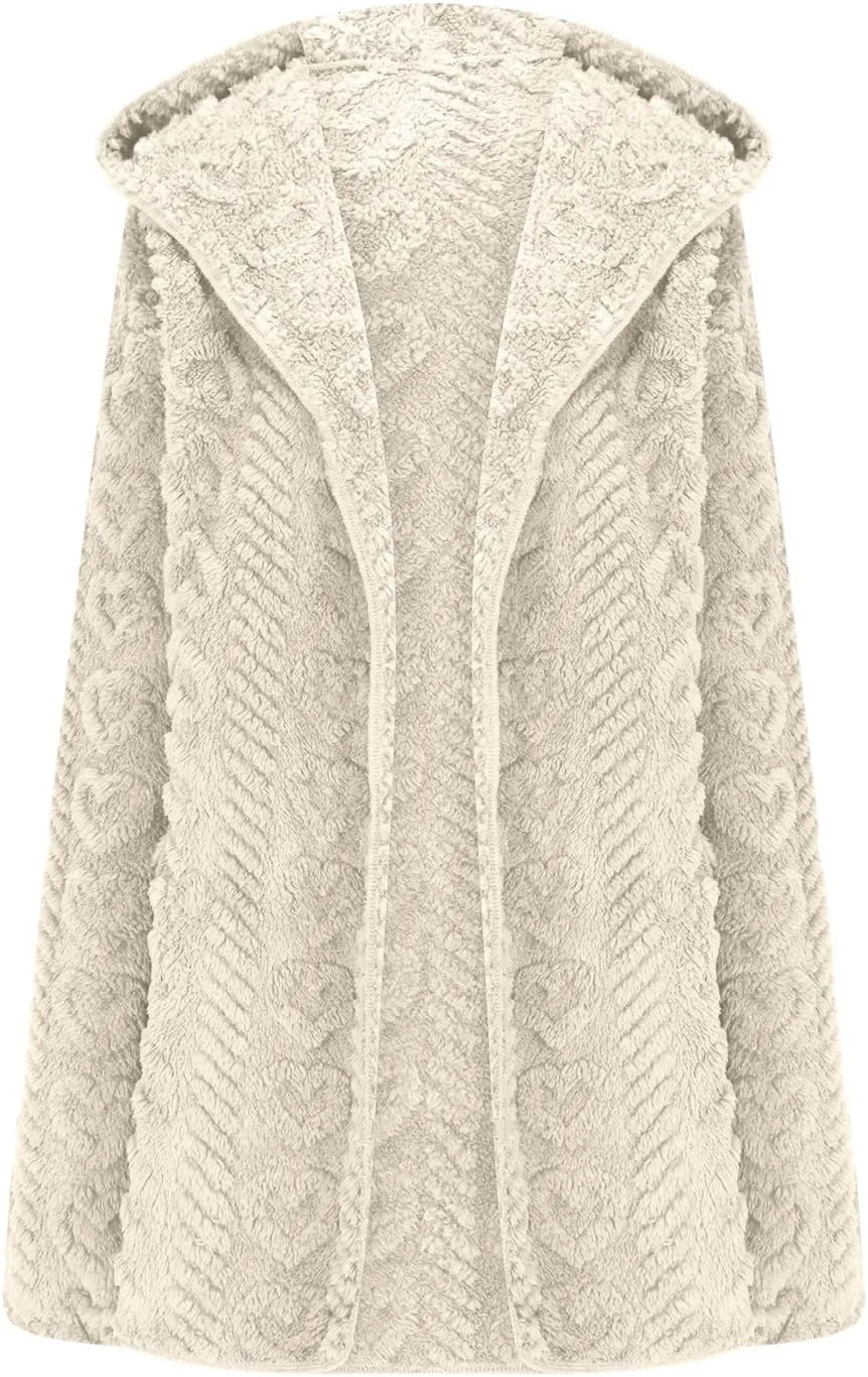 Finelylove Winter Coats for Women 2024 Fuzzy Fleece Hoodie Mid Length Soft Sherpa Cardigan Sweater Trendy Teddy Bear Coats