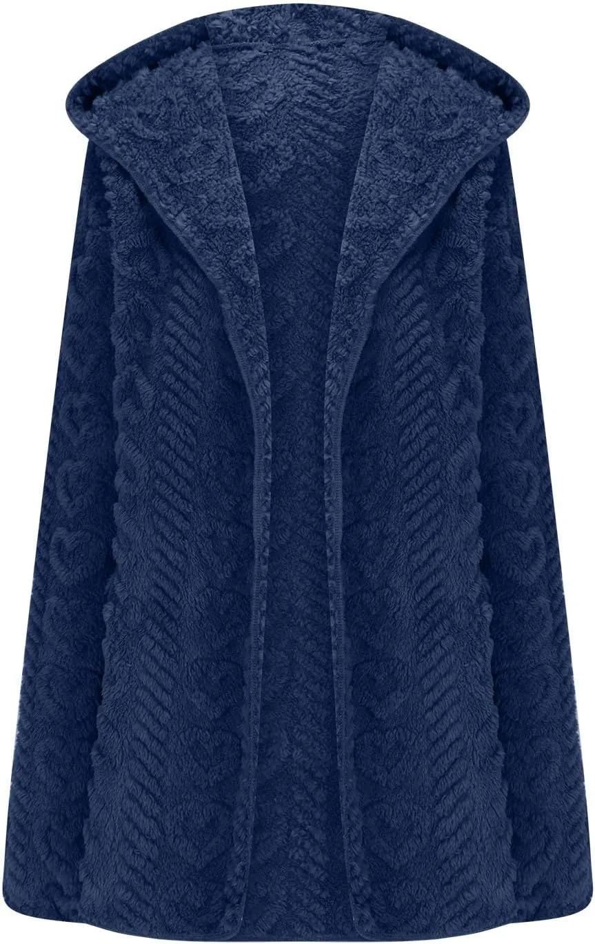 Finelylove Winter Coats for Women 2024 Fuzzy Fleece Hoodie Mid Length Soft Sherpa Cardigan Sweater Trendy Teddy Bear Coats