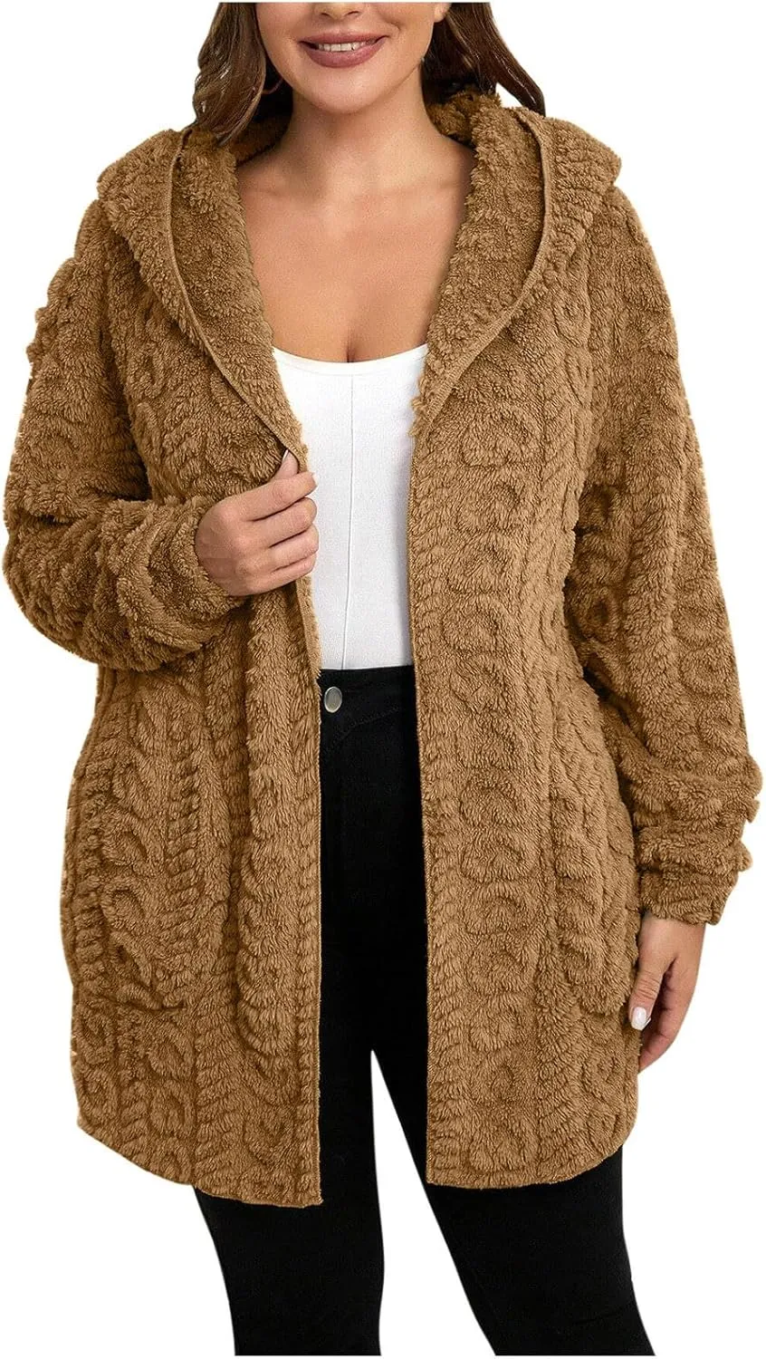 Finelylove Winter Coats for Women 2024 Fuzzy Fleece Hoodie Mid Length Soft Sherpa Cardigan Sweater Trendy Teddy Bear Coats