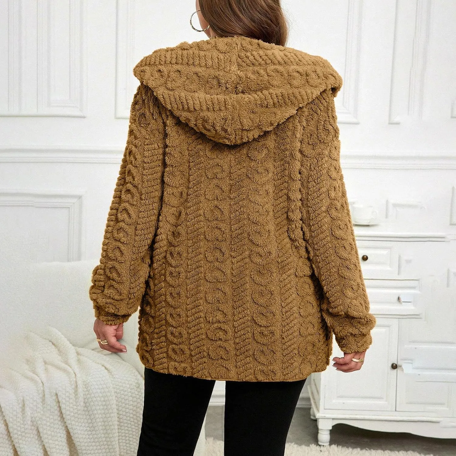 Finelylove Winter Coats for Women 2024 Fuzzy Fleece Hoodie Mid Length Soft Sherpa Cardigan Sweater Trendy Teddy Bear Coats