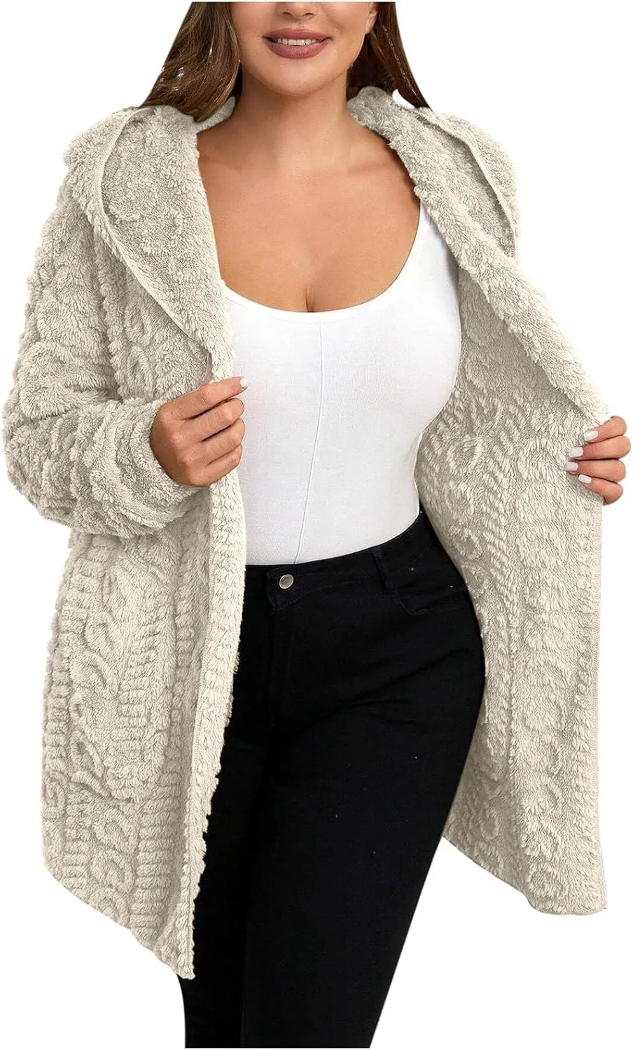 Finelylove Winter Coats for Women 2024 Fuzzy Fleece Hoodie Mid Length Soft Sherpa Cardigan Sweater Trendy Teddy Bear Coats