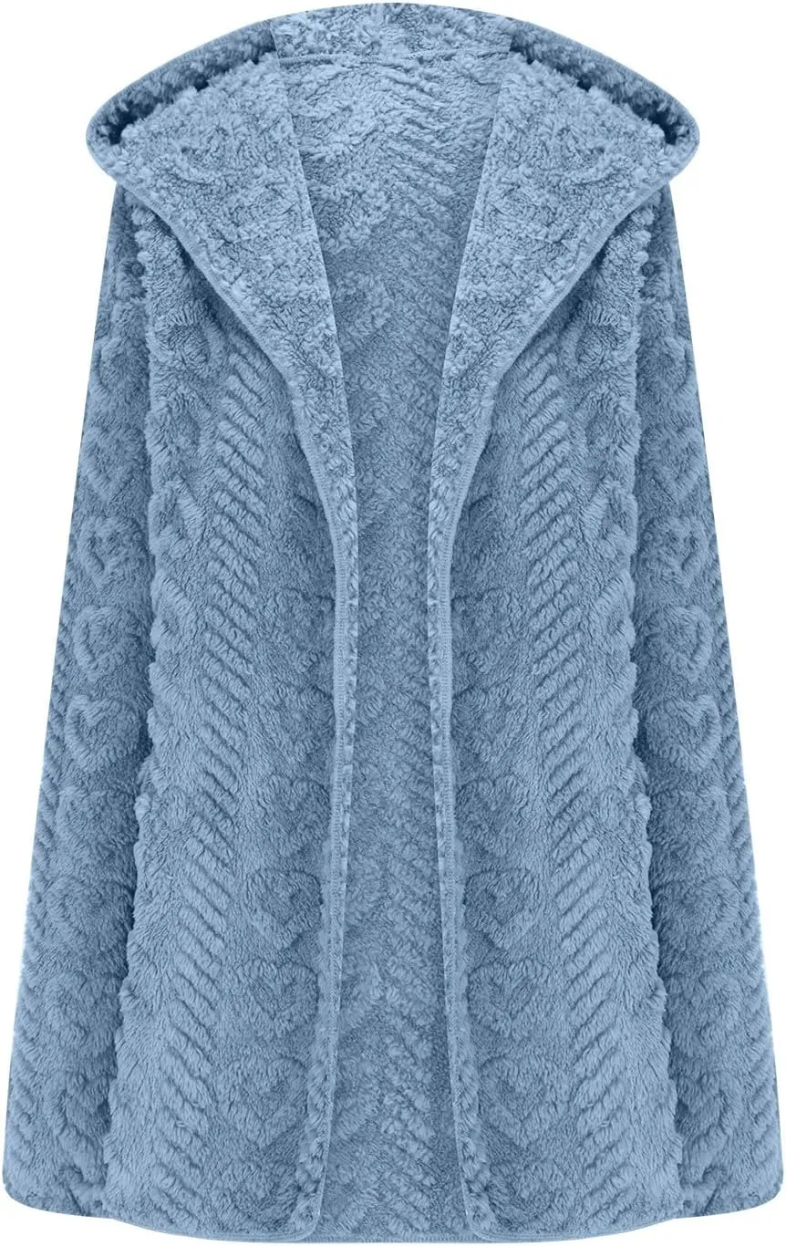 Finelylove Winter Coats for Women 2024 Fuzzy Fleece Hoodie Mid Length Soft Sherpa Cardigan Sweater Trendy Teddy Bear Coats