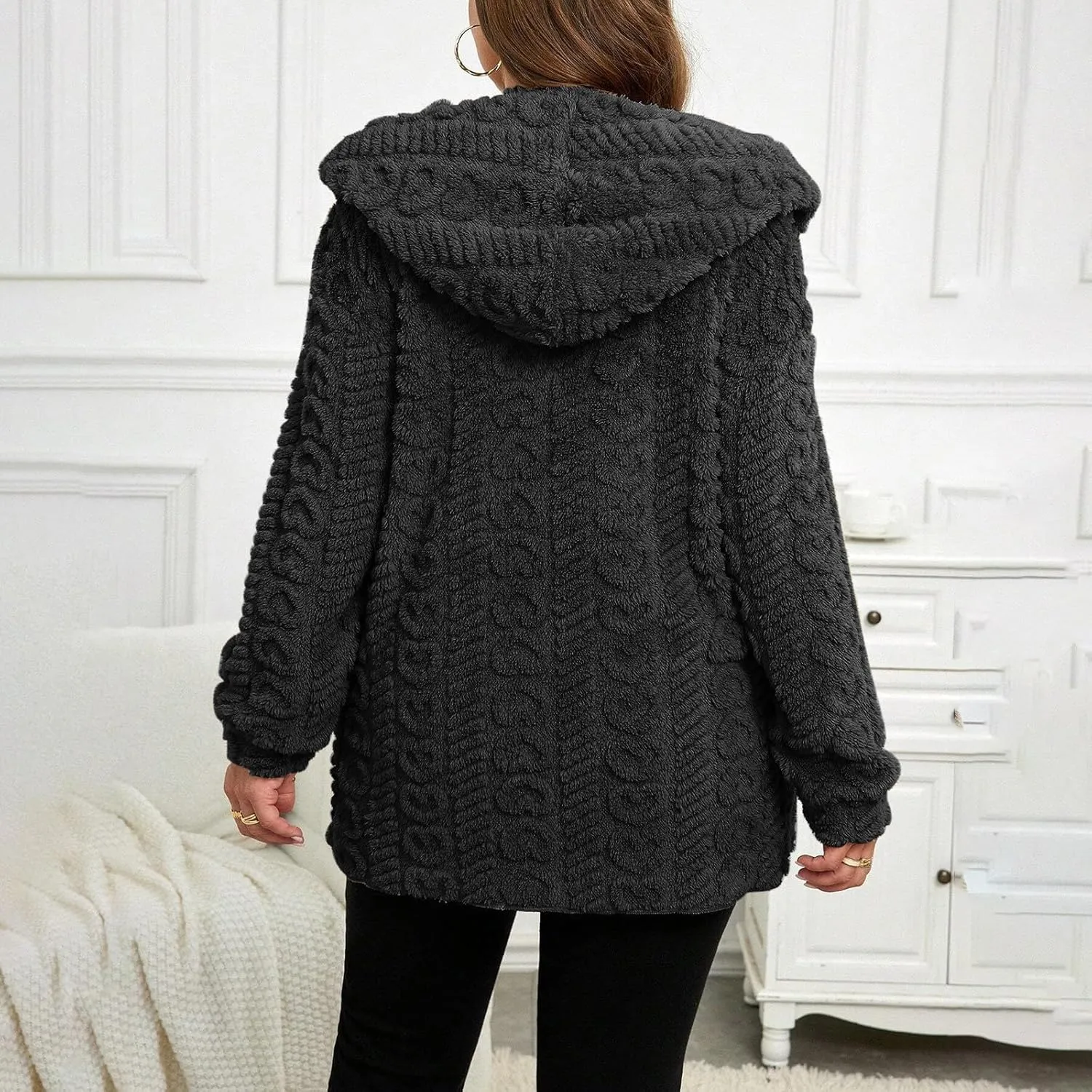 Finelylove Winter Coats for Women 2024 Fuzzy Fleece Hoodie Mid Length Soft Sherpa Cardigan Sweater Trendy Teddy Bear Coats