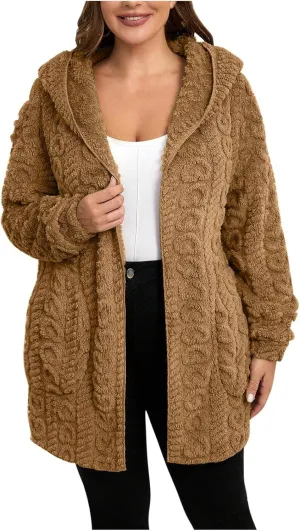 Finelylove Winter Coats for Women 2024 Fuzzy Fleece Hoodie Mid Length Soft Sherpa Cardigan Sweater Trendy Teddy Bear Coats