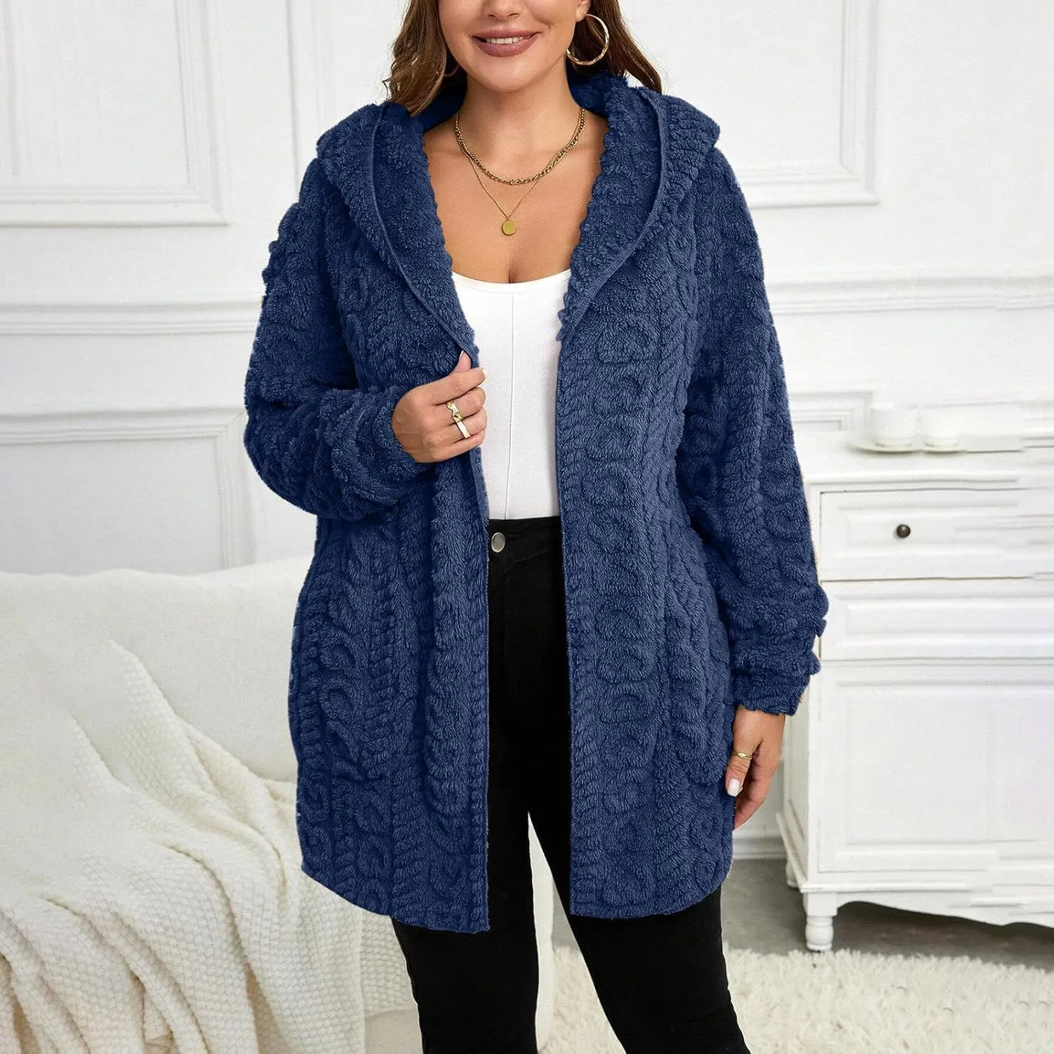 Finelylove Winter Coats for Women 2024 Fuzzy Fleece Hoodie Mid Length Soft Sherpa Cardigan Sweater Trendy Teddy Bear Coats