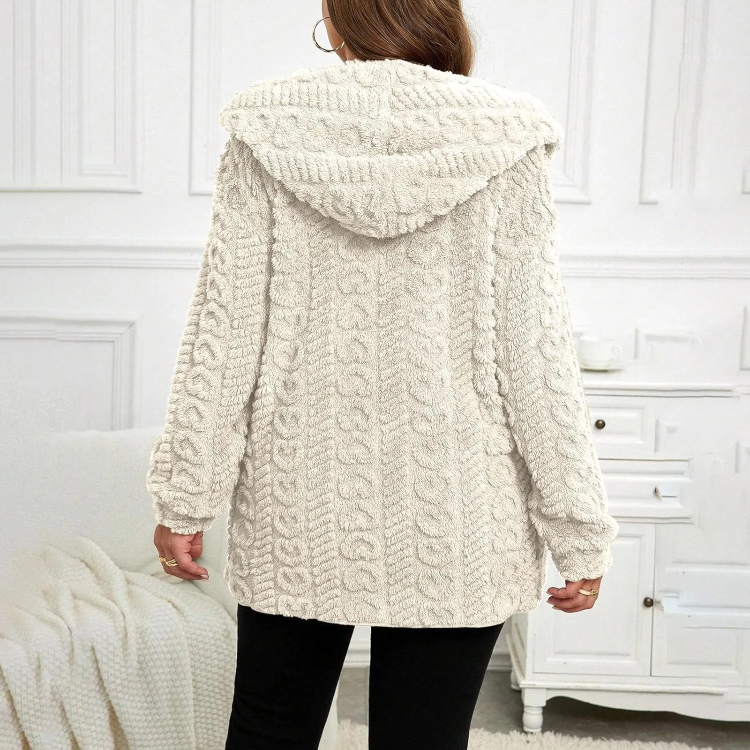 Finelylove Winter Coats for Women 2024 Fuzzy Fleece Hoodie Mid Length Soft Sherpa Cardigan Sweater Trendy Teddy Bear Coats