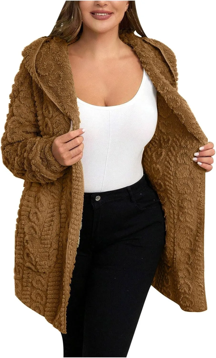 Finelylove Winter Coats for Women 2024 Fuzzy Fleece Hoodie Mid Length Soft Sherpa Cardigan Sweater Trendy Teddy Bear Coats