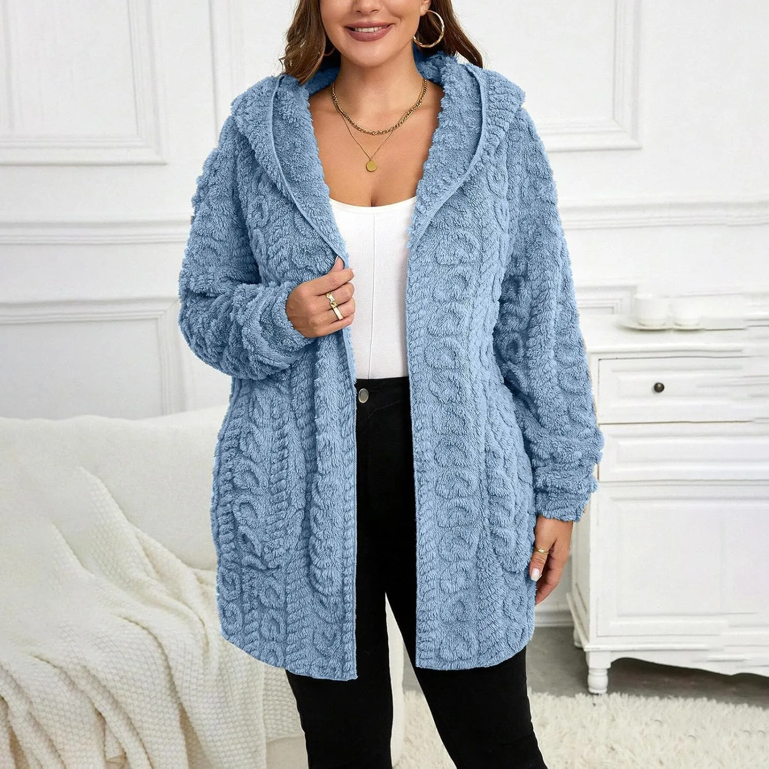 Finelylove Winter Coats for Women 2024 Fuzzy Fleece Hoodie Mid Length Soft Sherpa Cardigan Sweater Trendy Teddy Bear Coats