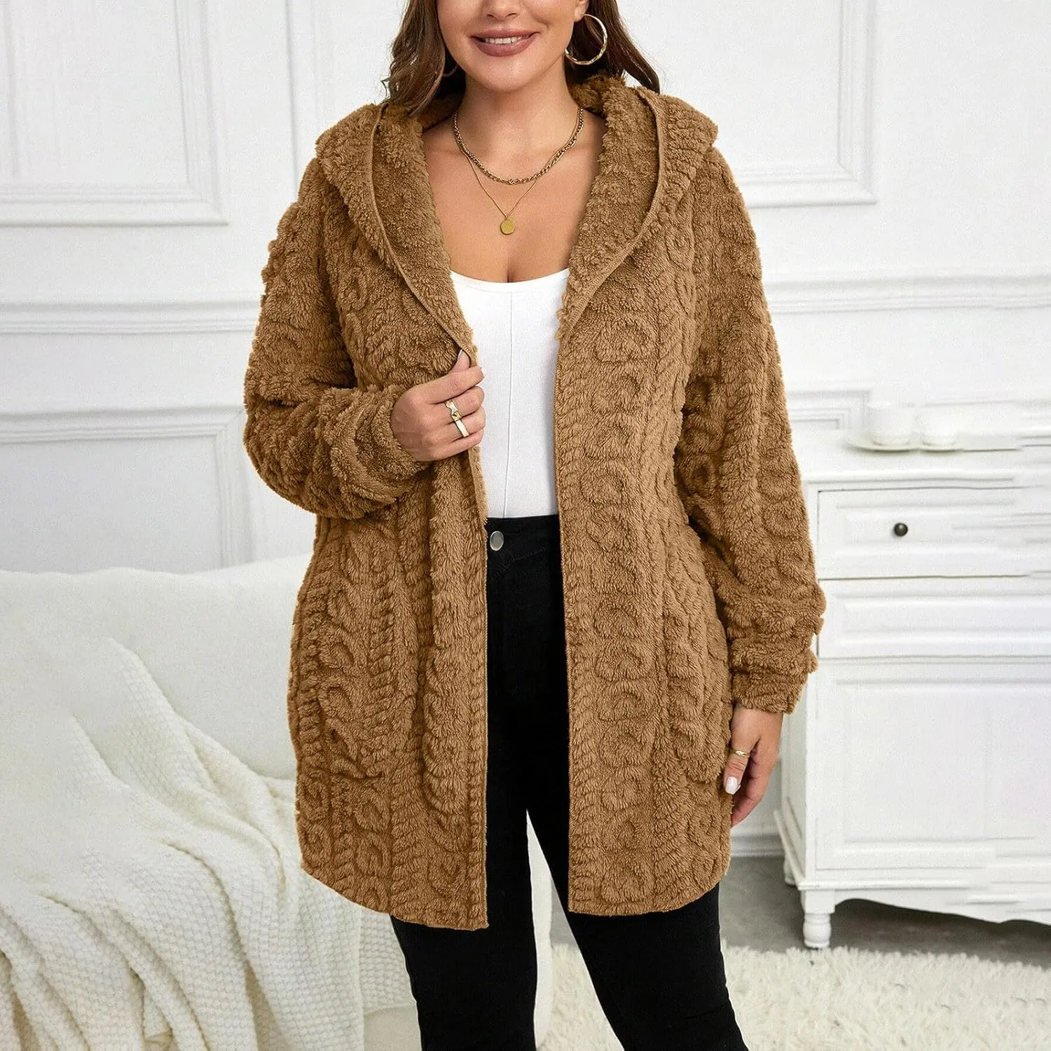 Finelylove Winter Coats for Women 2024 Fuzzy Fleece Hoodie Mid Length Soft Sherpa Cardigan Sweater Trendy Teddy Bear Coats