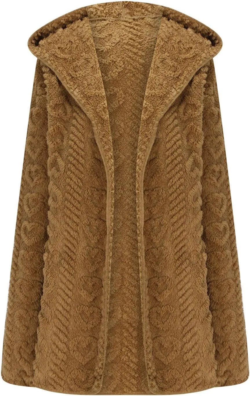 Finelylove Winter Coats for Women 2024 Fuzzy Fleece Hoodie Mid Length Soft Sherpa Cardigan Sweater Trendy Teddy Bear Coats