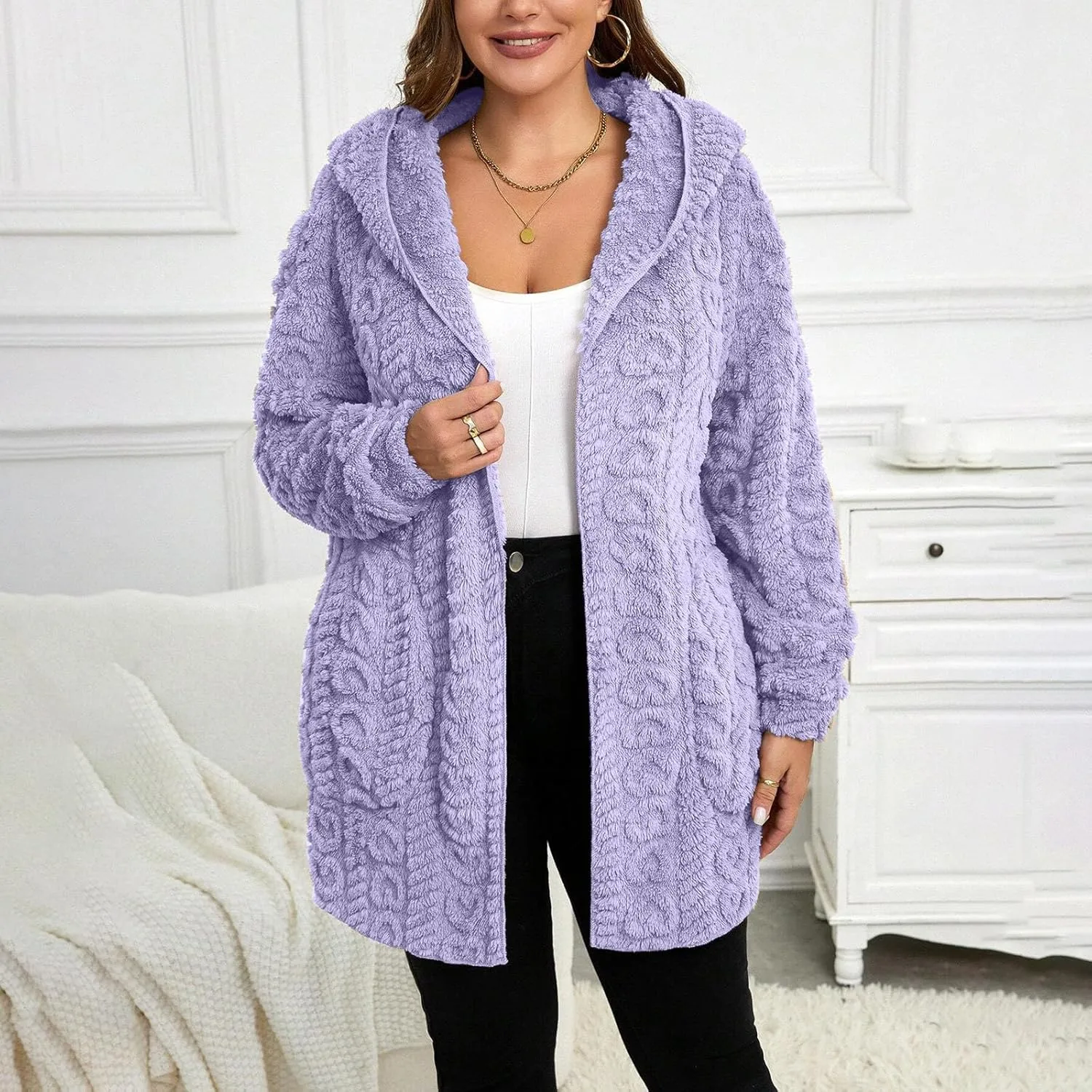 Finelylove Winter Coats for Women 2024 Fuzzy Fleece Hoodie Mid Length Soft Sherpa Cardigan Sweater Trendy Teddy Bear Coats
