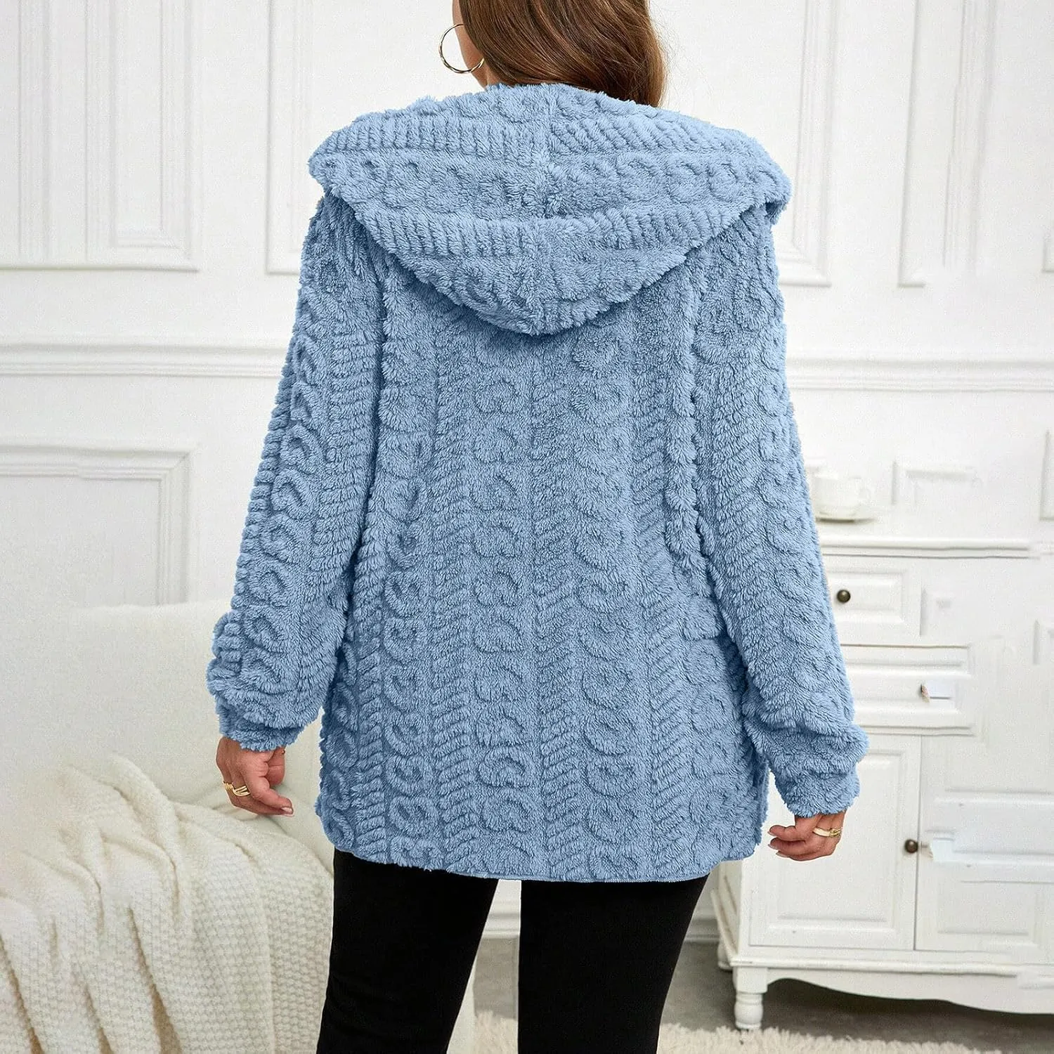 Finelylove Winter Coats for Women 2024 Fuzzy Fleece Hoodie Mid Length Soft Sherpa Cardigan Sweater Trendy Teddy Bear Coats