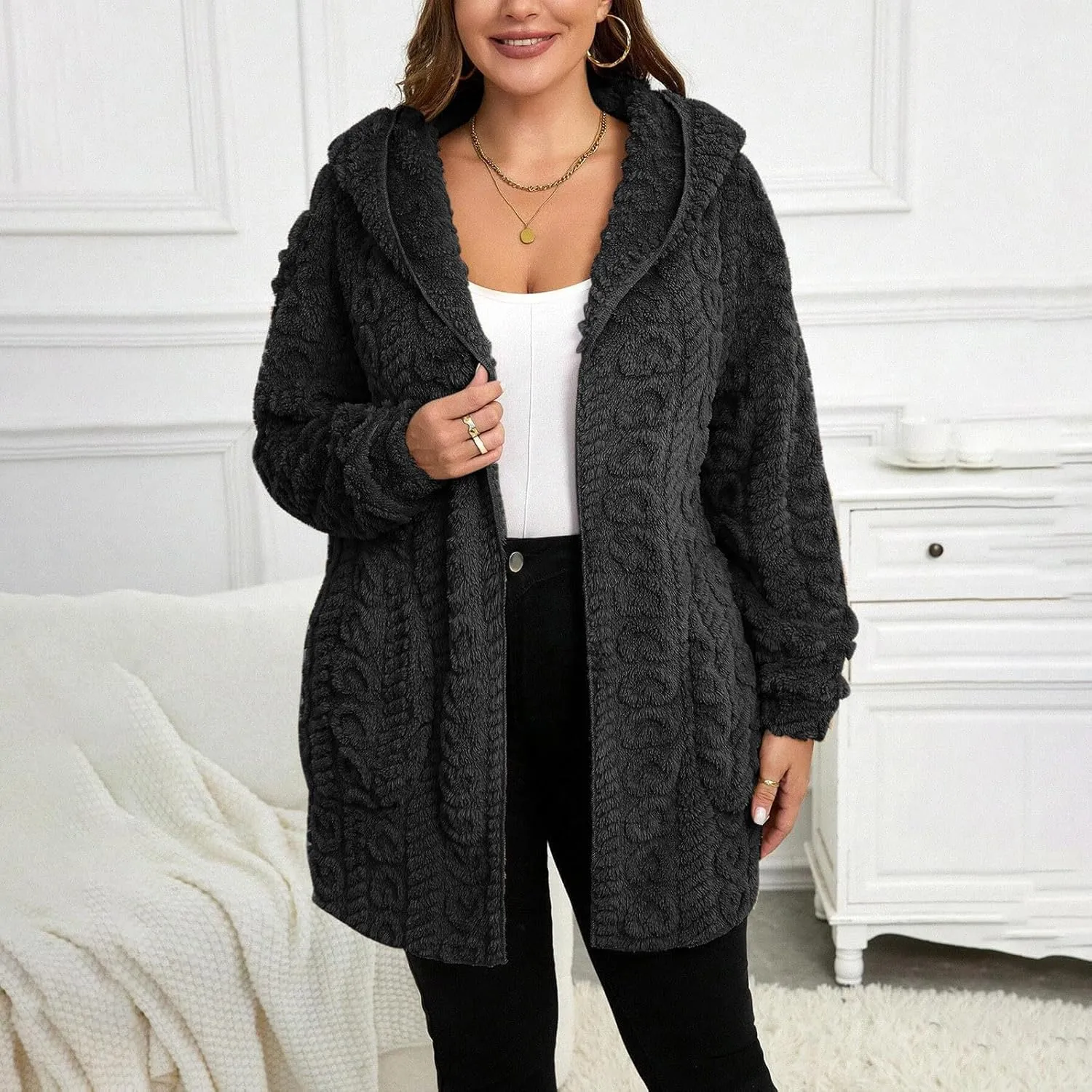 Finelylove Winter Coats for Women 2024 Fuzzy Fleece Hoodie Mid Length Soft Sherpa Cardigan Sweater Trendy Teddy Bear Coats