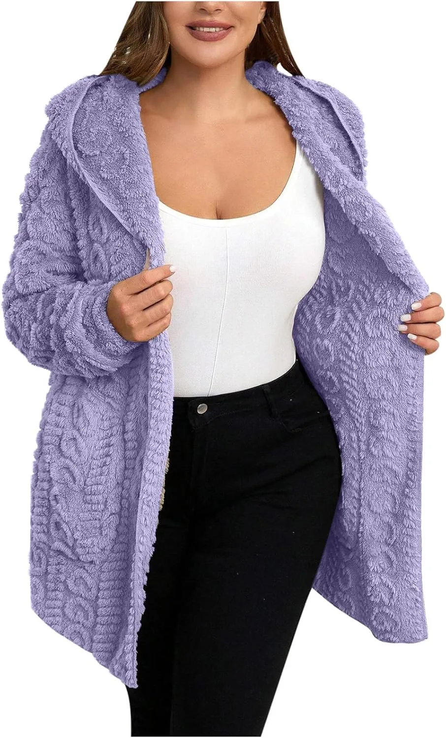 Finelylove Winter Coats for Women 2024 Fuzzy Fleece Hoodie Mid Length Soft Sherpa Cardigan Sweater Trendy Teddy Bear Coats