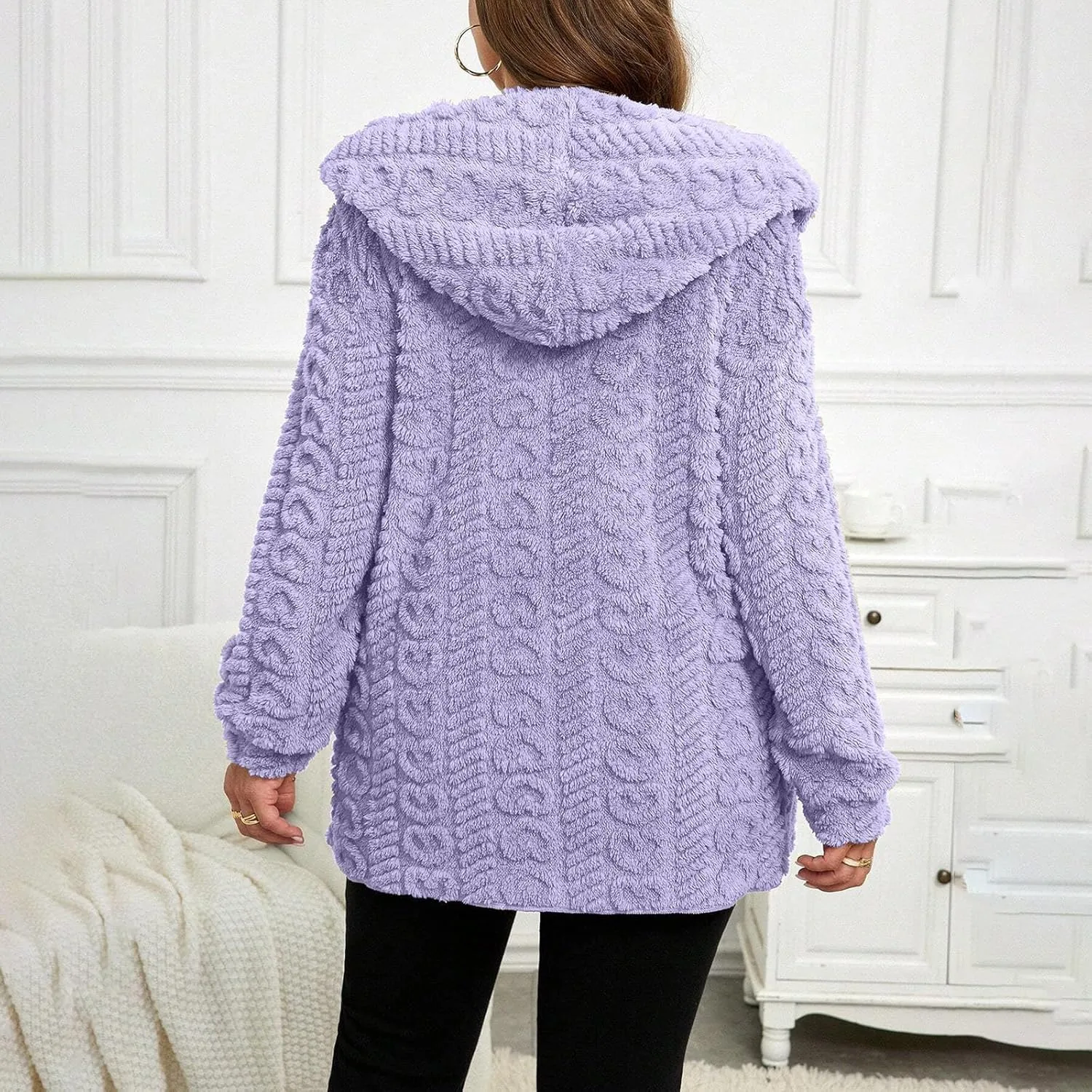Finelylove Winter Coats for Women 2024 Fuzzy Fleece Hoodie Mid Length Soft Sherpa Cardigan Sweater Trendy Teddy Bear Coats