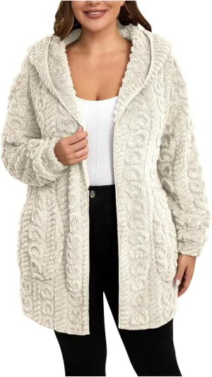 Finelylove Winter Coats for Women 2024 Fuzzy Fleece Hoodie Mid Length Soft Sherpa Cardigan Sweater Trendy Teddy Bear Coats