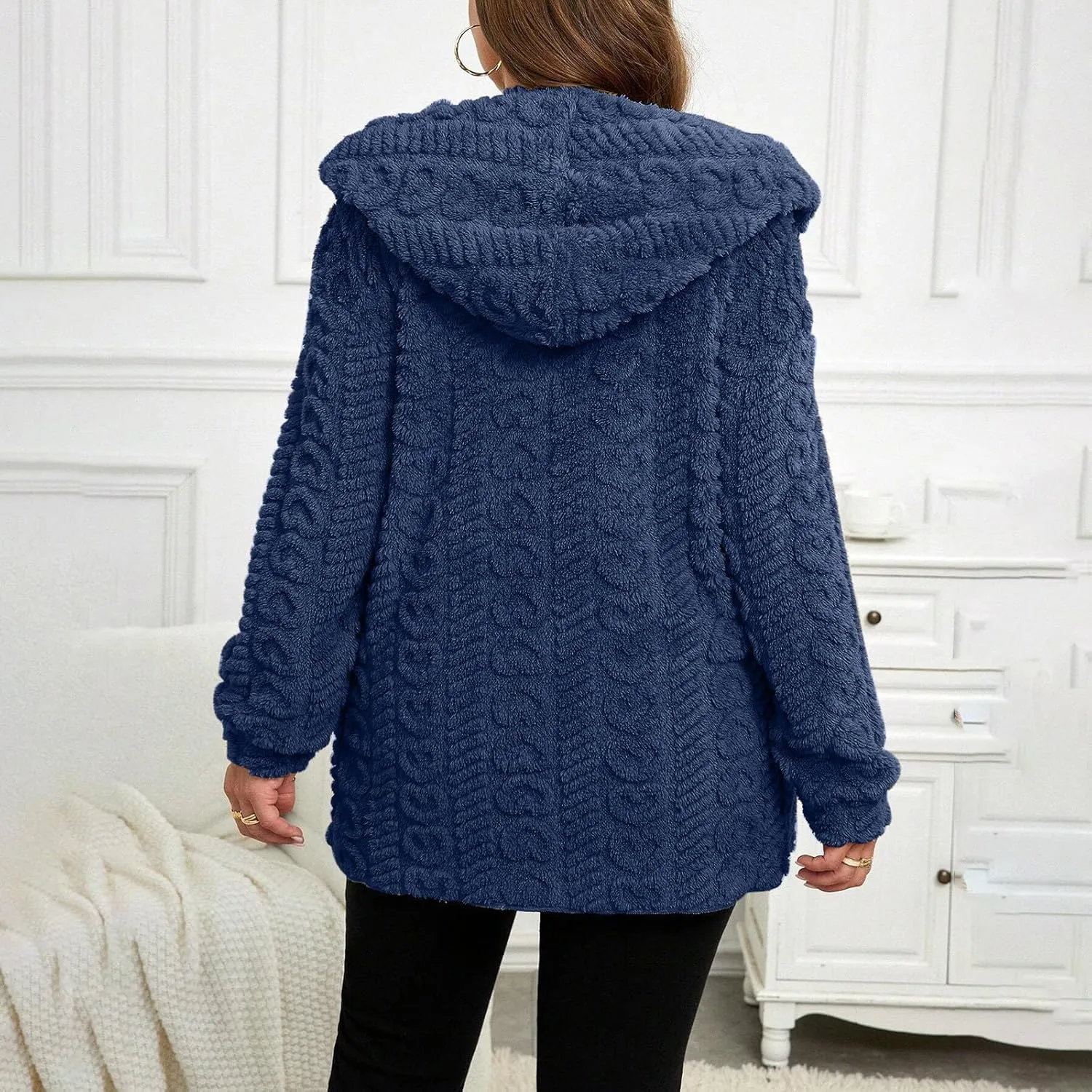 Finelylove Winter Coats for Women 2024 Fuzzy Fleece Hoodie Mid Length Soft Sherpa Cardigan Sweater Trendy Teddy Bear Coats