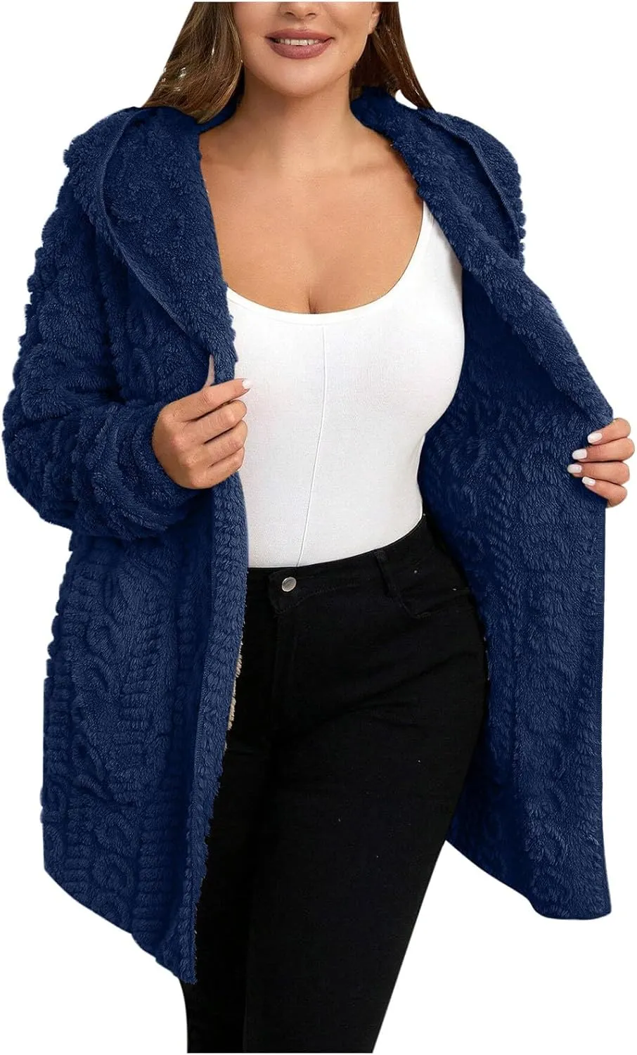 Finelylove Winter Coats for Women 2024 Fuzzy Fleece Hoodie Mid Length Soft Sherpa Cardigan Sweater Trendy Teddy Bear Coats