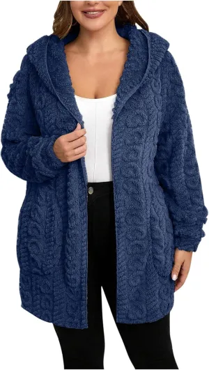 Finelylove Winter Coats for Women 2024 Fuzzy Fleece Hoodie Mid Length Soft Sherpa Cardigan Sweater Trendy Teddy Bear Coats