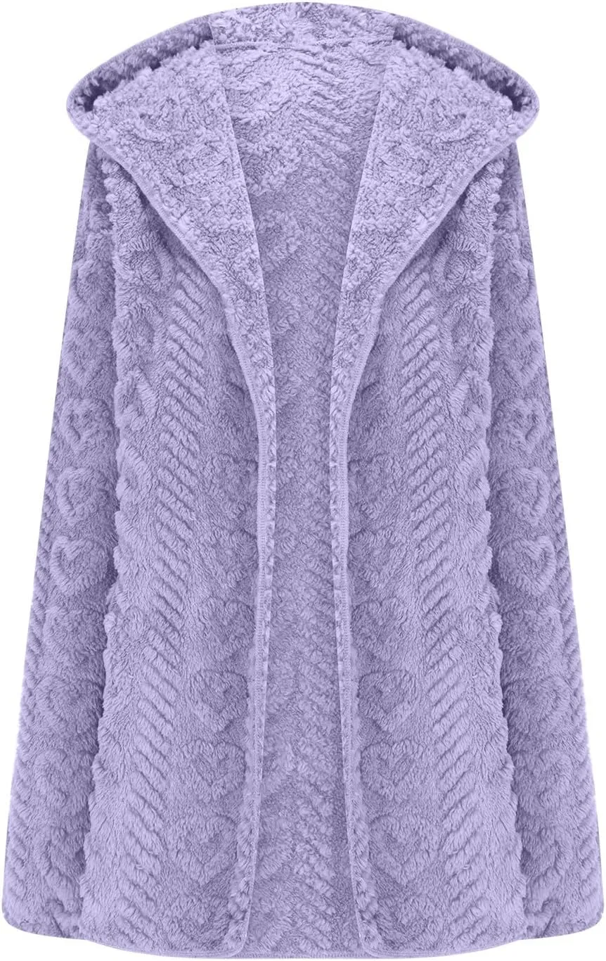 Finelylove Winter Coats for Women 2024 Fuzzy Fleece Hoodie Mid Length Soft Sherpa Cardigan Sweater Trendy Teddy Bear Coats