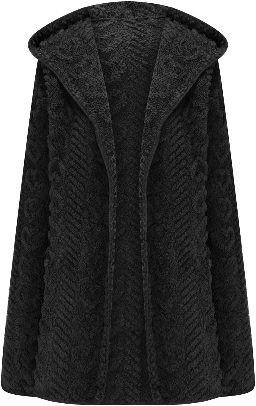 Finelylove Winter Coats for Women 2024 Fuzzy Fleece Hoodie Mid Length Soft Sherpa Cardigan Sweater Trendy Teddy Bear Coats