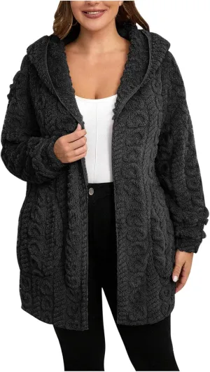 Finelylove Winter Coats for Women 2024 Fuzzy Fleece Hoodie Mid Length Soft Sherpa Cardigan Sweater Trendy Teddy Bear Coats