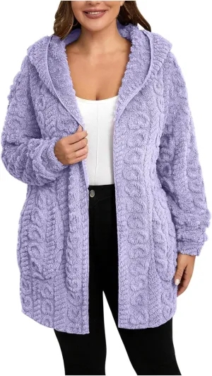 Finelylove Winter Coats for Women 2024 Fuzzy Fleece Hoodie Mid Length Soft Sherpa Cardigan Sweater Trendy Teddy Bear Coats
