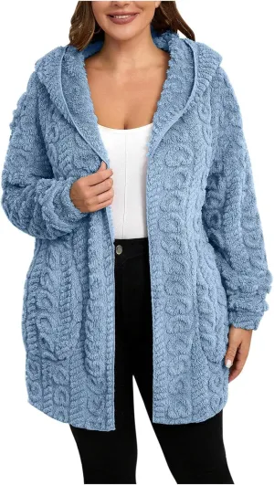 Finelylove Winter Coats for Women 2024 Fuzzy Fleece Hoodie Mid Length Soft Sherpa Cardigan Sweater Trendy Teddy Bear Coats