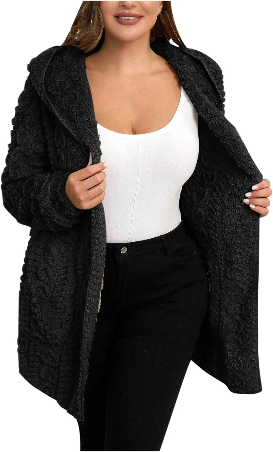 Finelylove Winter Coats for Women 2024 Fuzzy Fleece Hoodie Mid Length Soft Sherpa Cardigan Sweater Trendy Teddy Bear Coats