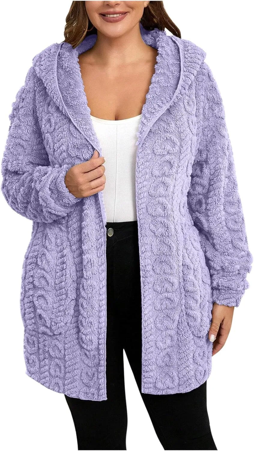 Finelylove Winter Coats for Women 2024 Fuzzy Fleece Hoodie Mid Length Soft Sherpa Cardigan Sweater Trendy Teddy Bear Coats