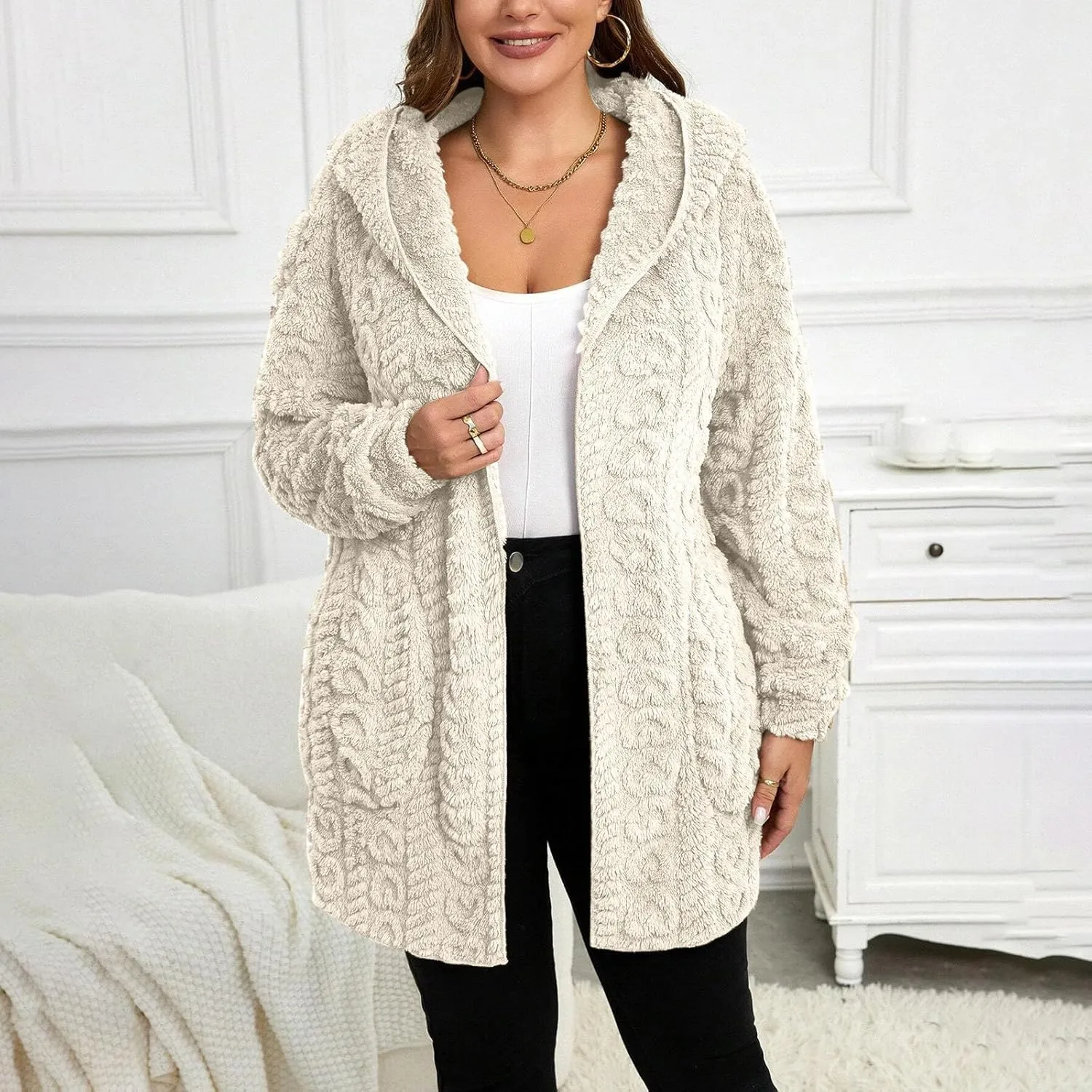Finelylove Winter Coats for Women 2024 Fuzzy Fleece Hoodie Mid Length Soft Sherpa Cardigan Sweater Trendy Teddy Bear Coats