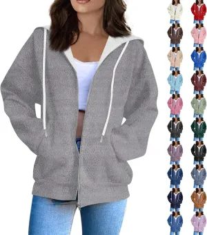Fleece Jacket Women Full Zip Up Flannel Hoodie Soft Warm Fuzzy Hooded Sweatshirt Casual Comfy Fluffy Sweaters