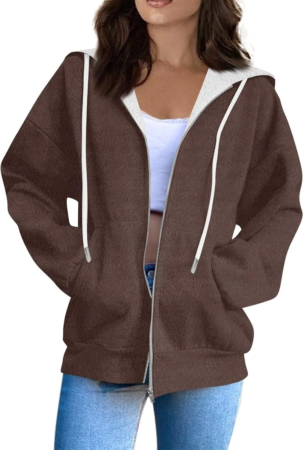 Fleece Jacket Women Full Zip Up Flannel Hoodie Soft Warm Fuzzy Hooded Sweatshirt Casual Comfy Fluffy Sweaters