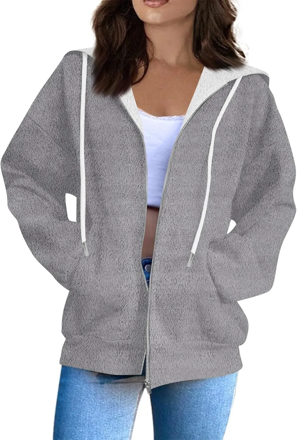 Fleece Jacket Women Full Zip Up Flannel Hoodie Soft Warm Fuzzy Hooded Sweatshirt Casual Comfy Fluffy Sweaters