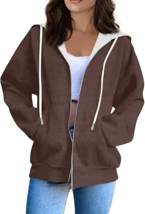 Fleece Jacket Women Full Zip Up Flannel Hoodie Soft Warm Fuzzy Hooded Sweatshirt Casual Comfy Fluffy Sweaters