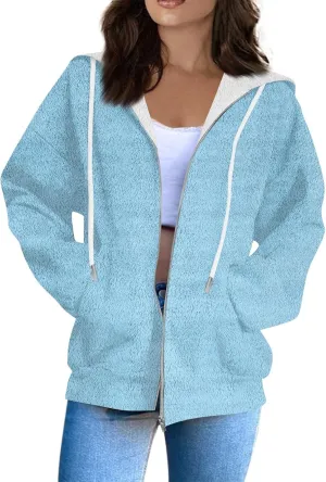 Fleece Jacket Women Full Zip Up Flannel Hoodie Soft Warm Fuzzy Hooded Sweatshirt Casual Comfy Fluffy Sweaters