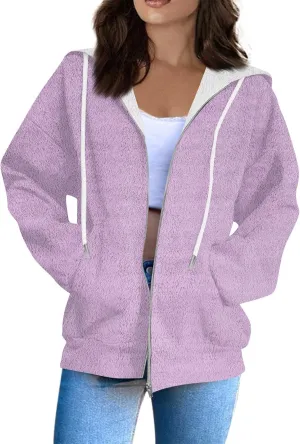 Fleece Jacket Women Full Zip Up Flannel Hoodie Soft Warm Fuzzy Hooded Sweatshirt Casual Comfy Fluffy Sweaters