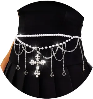 Florry Pearl Belly Chains for the Waist Beaded Waist Chain Belt Tassel Body Chains with Cross Silver Multilayer Waist Chains Belt for Women Dress