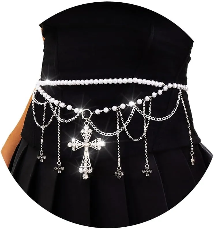 Florry Pearl Belly Chains for the Waist Beaded Waist Chain Belt Tassel Body Chains with Cross Silver Multilayer Waist Chains Belt for Women Dress