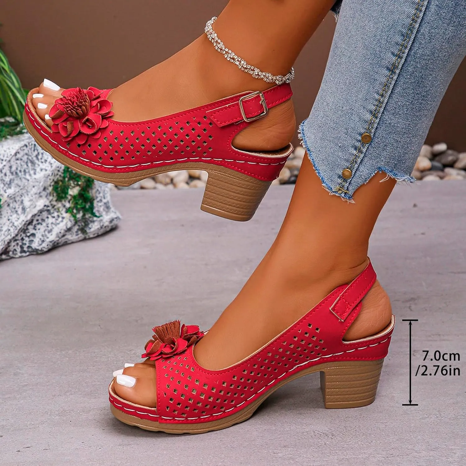 Flower Sandals for Women 2025 Summer Open Toe Casual Hollow Out Floral Decor Sandals Hollow Out Slingback Chunky Block Heels Cut-Out Party Dress Wedding Dance Shoes