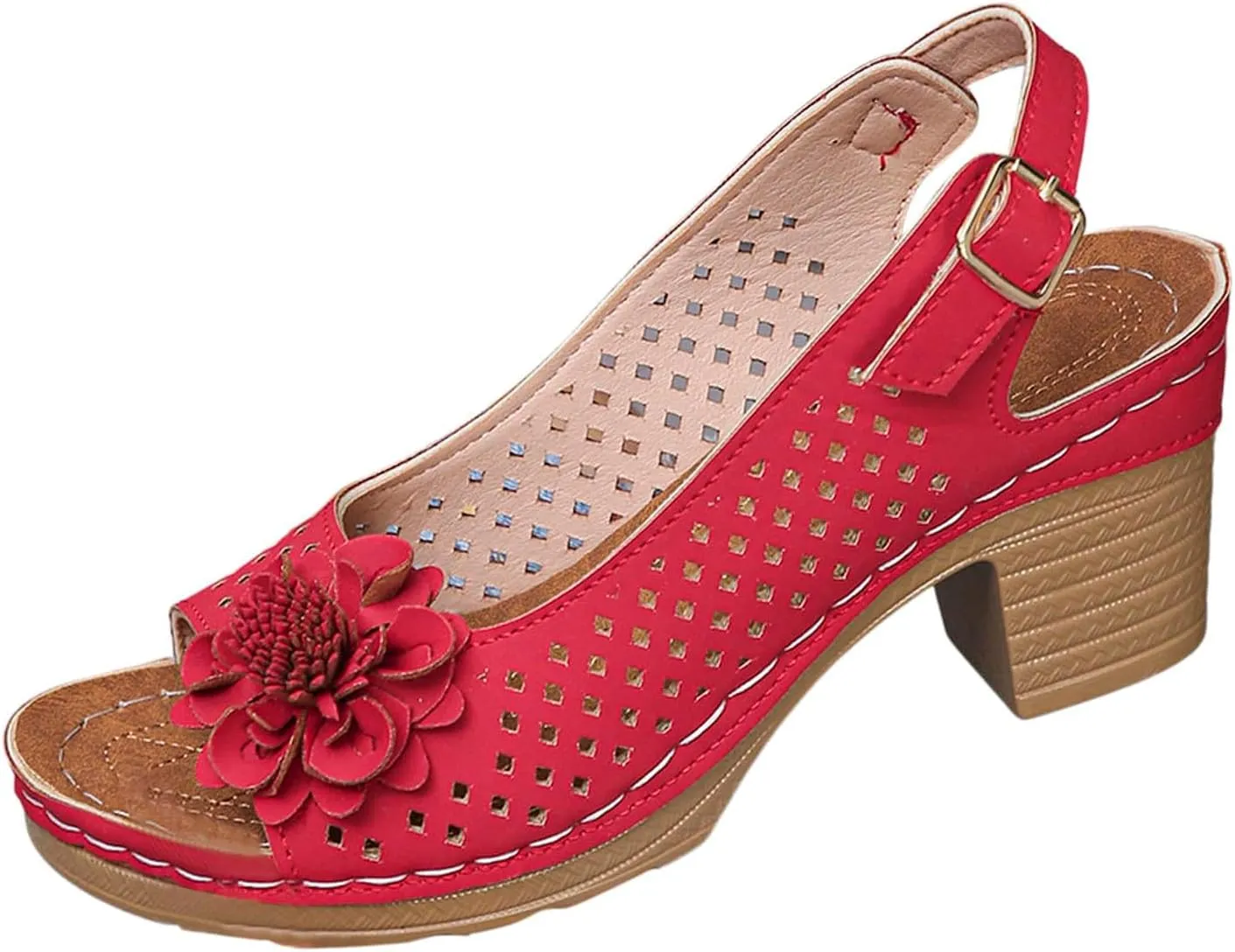 Flower Sandals for Women 2025 Summer Open Toe Casual Hollow Out Floral Decor Sandals Hollow Out Slingback Chunky Block Heels Cut-Out Party Dress Wedding Dance Shoes