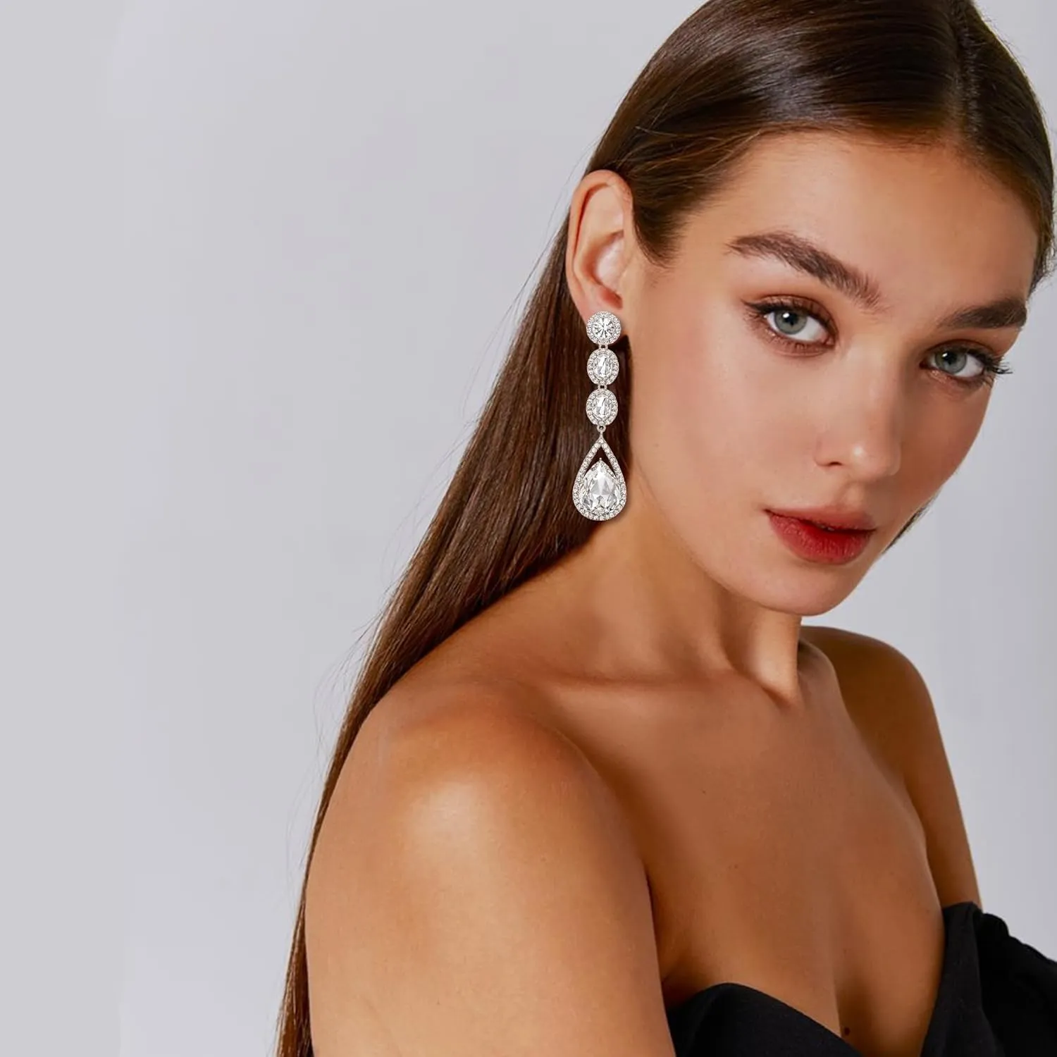 Flyonce Wedding Bridal Rhinestone Crystal Multi Teardrop Pierced Dangle Earrings
