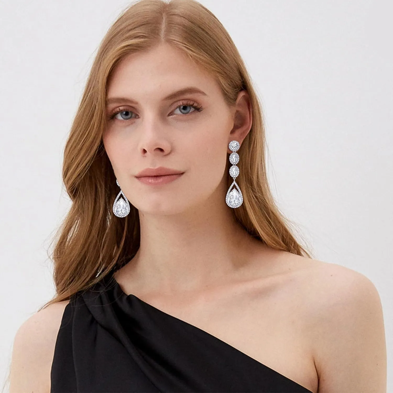 Flyonce Wedding Bridal Rhinestone Crystal Multi Teardrop Pierced Dangle Earrings